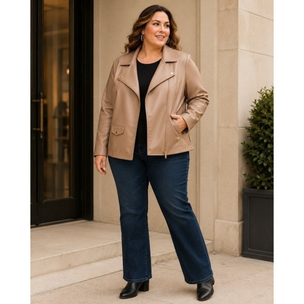 Talbots Moto Jacket 20W Taupe Faux Leather Asymmetrical Zip Plus Size